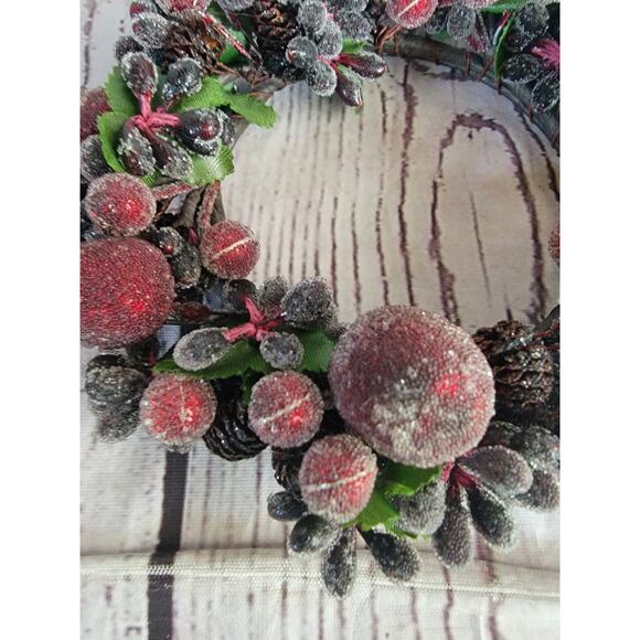 Artificial frosted berry pine cone candle ring or mini wreath Christmas Winter - Picture 3 of 6